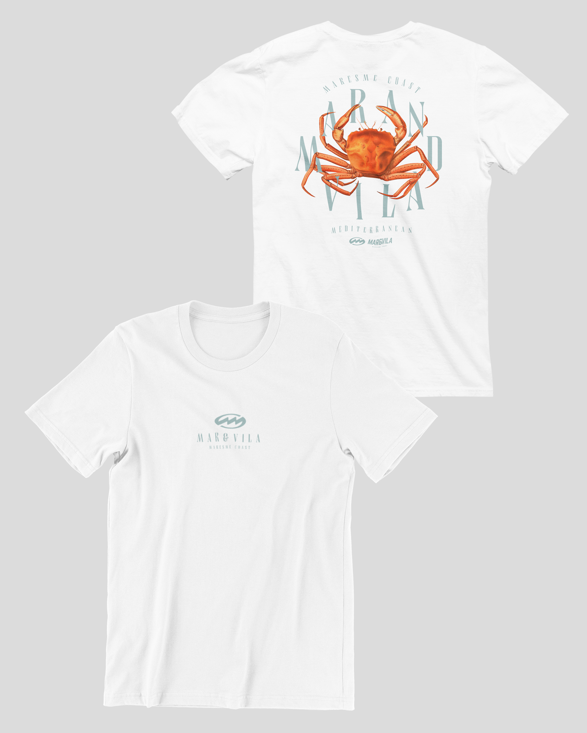 Camiseta cangrejo araña hombre blanca delantera y trasera – ropa costera Cataluña Mar&Vila